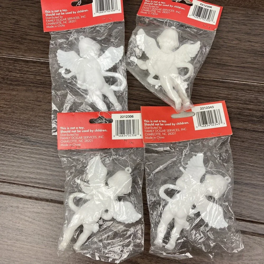 VTG Set 4 Musical Angel Cherub Christmas Ornaments White Plastic Harp Lute Flute